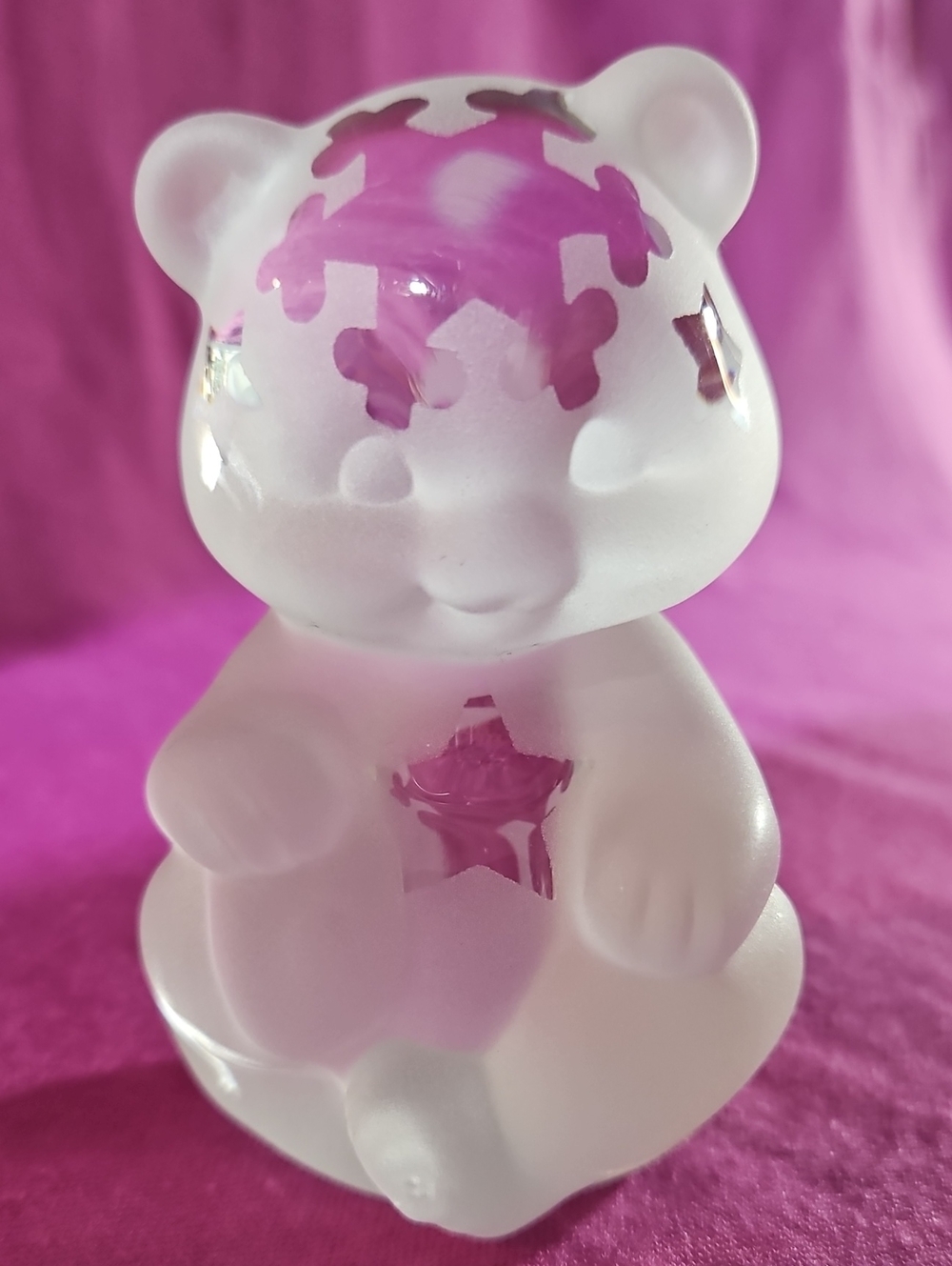 Fenton Satin Glass Bear Figure with Sand-Carved Winter Stars & Snowflakes